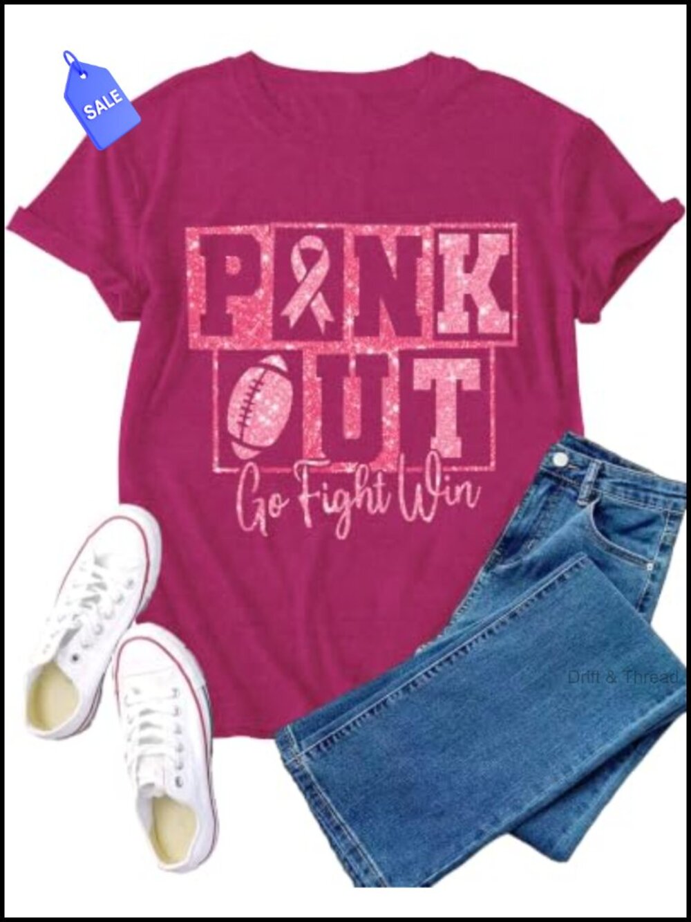 Womens Breast Cancer Awareness Tee Pink Ribbon Football Go Fight Win Shirt
